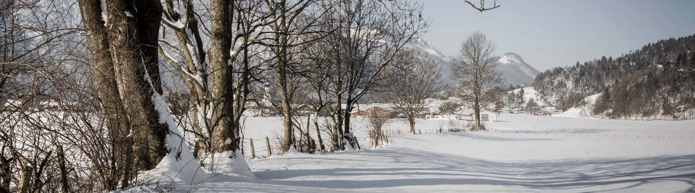 Verschneite Felder in Erl in Tirol