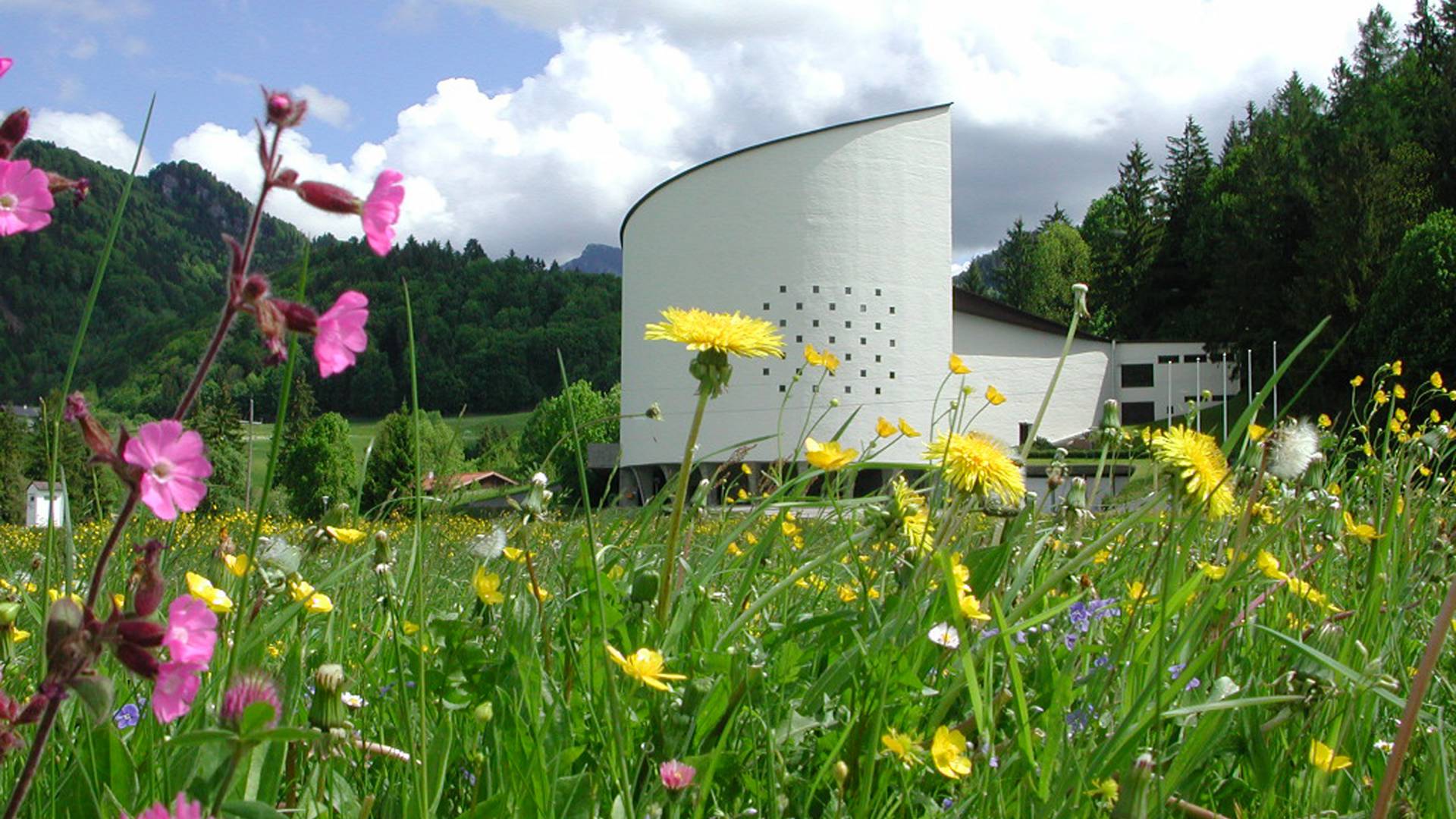 Blumen vor dem Passionsspielhaus Erl, Tirol